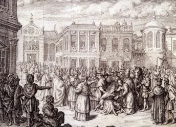 El nacimiento de la Papisa Juana - en "Historia de la Papisa Juana" de M. de Spanheim, La Haya