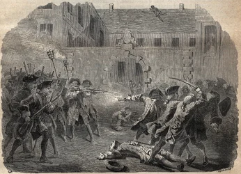 El bandido Louis Dominique Garthausen llamado Cartouche y sus compañeros yendo a desvalijar el Hotel Desmaretz en París, son sorprendidos y atacados por los arqueros, tras una feroz lucha, huyen por los tejados - Bandido francés Louis Dominique