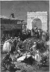 Los caids y djemmas del círculo de Saida en Argelia llevan a la oficina árabe sus regalos destinados a redimir los departamentos franceses ocupados por Alemania desde el final de la Guerra de 1870. Grabado en "Le Monde Illustré" n°784 del 20 de abril de 18