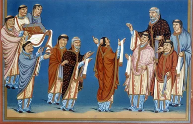 Los canónigos de San Martín (Saint Martin) de Tours ofrecen al rey Carlos II, llamado el Calvo (823-877), una Biblia escrita en su abadía.