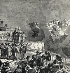 La toma de Jericó durante la cual el pueblo de Israel hace sonar sus trompetas bajo las murallas de la ciudad cuyo acceso les está prohibido, Ce son fait fait les murs de la ville (La batalla de Jericó la primera batalla de los israelitas en su conquista d