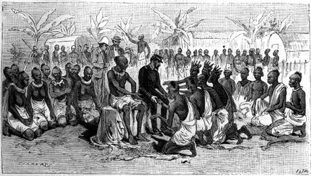 Los jefes de las costas del Congo, poniendo sus manos en las del explorador Pierre Savorgnan de Brazza (1852-1905), en señal de abandono de sus territorios. Grabado en "La Nature. Revue des sciences et de ses aplicaciones aux arts et a l