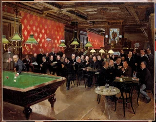 El círculo de la Unión Republicana: los miembros de la Unión Republicana se reúnen en el café para charlar y jugar al billar en tiempos de la III República. Pintura anónima