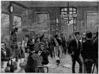 Los chicos del café en un establecimiento en la Rue Montmartre en París, en “Le Monde Illustré” 1886.
