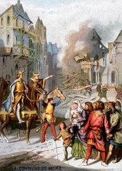 La comuna de Reims (1160) - Represalias de Luis VII para destruir las libertades comunales de los burgueses de Reims. Cromolitografía de la Serie “Patriotic Education through Image”.