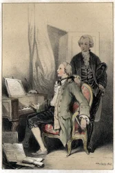 El compositor Wolfgang Amadeus Mozart (1756-1791) componiendo el réquiem. Placa tomada de "Escenas de la vida de hombres famosos" grabado en dos tonos por Valerio. 1843.