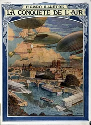 La conquista del aire: dirigible, globo y globo aerostático sobre París - portada en Figaro Illustrated de febrero de 1909