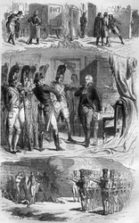 La conspiración de Claude François de Malet (Claude-François Malet) (1754-1812) general del Imperio, autor del golpe de estado de 1812 contra Napoleón, durante la retirada rusa. Grabado en “Historia de los Papas-Reyes-Reinas y Emperadores a través de los s