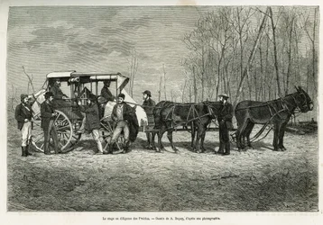 El curso o diligencia en el caballo de las praderas, dibujo de A. Dupuis, para ilustrar la historia de una excursión a Canadá y el río Rojo del Norte, en 1873, por H. de Lamotte. Grabado en Le tour du monde