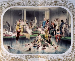Día de la natación femenina en una piscina parisina, c.1900 (grabado)