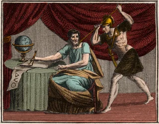 La muerte de Arquímedes durante la captura de Siracusa, Sicilia, por soldados romanos en 212 a.C.