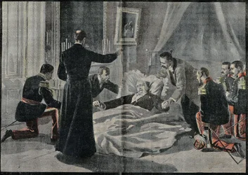 La muerte de Félix Faure (1841-1899), presidente de Francia, Abbe Renault le dio la absolución. Grabado en “Le Pelerin” 26/02/1899.