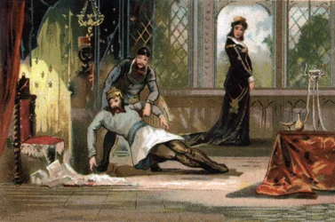 La muerte de Luis V llamado el Holgazán (c. 967-987), rey de Francia de 986 a 987. Según la imagen, fue envenenado por su esposa Adelaida de Anjou