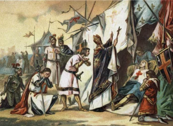 La muerte de San Luis (Luis IX) (1214/1215-1270) en Túnez. Cromolitografía de finales del siglo XIX