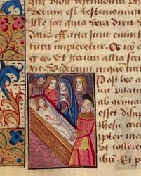 La deposición de Cristo en la tumba, miniatura del Libro de Horas (Uso de Poitiers), manuscrito en latín y francés ilustrado por un estudiante de Robinet Testard, manuscrito 1097 folio 80 verso, Francia finales del siglo XV