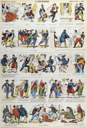 Las diferentes etapas de un incendio del siglo XIX. Imagen de Epinal del siglo XIX.