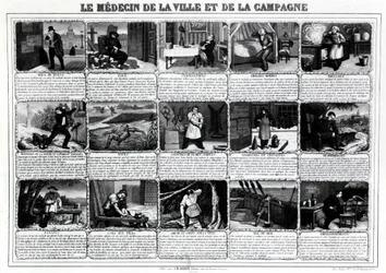 El médico de la ciudad y el campo y sus diferentes pacientes, publicado por J.B. Gadolachez Cours de Brosses en Lyon, finales del siglo XIX