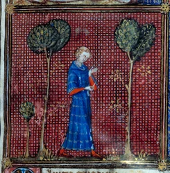 El sueño, detalle: El Amante cosiendo la manga de su camisa. Miniatura del "Roman de la rose" de Jean de Meun, Jean de Meung o Jean Chopinel, Jean Clopinel (v.1240-1305), hacia 1370. Chantilly, Museo Conde
