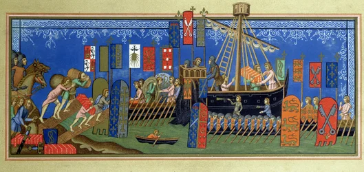 El embarque de los Caballeros del Espíritu Santo para las cruzadas, después de una miniatura en el manuscrito de los Estatutos de la Orden del Espíritu Santo de Nápoles en el Louvre, grabado por Félix Regamey (1844-1907)