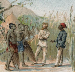 El explorador Paul Crampel (1864 - 1891) parlamentando con los nativos del Congo. Cromolitografía del siglo XIX.