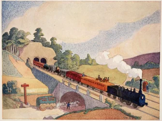 El primer ferrocarril de París a Rouen, copia de un sello de 1837, ilustración de Histoire de la Nation Francaise, por Gabriel Hanotaux (1853-1944), 1924
