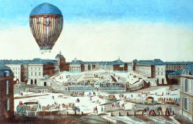 El primer vuelo del globo aerostático de Pilatre du Rozier, nombrado en honor a su patrocinador, M. Montgolfier, en Versalles el 23 de junio de 1784