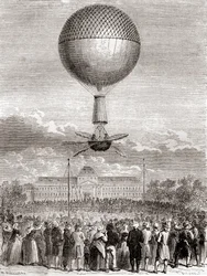 El primer vuelo exitoso en globo de Jean-Pierre François Blanchard el 2 de marzo de 1784, en un globo de gas hidrógeno lanzado desde el Campo de Marte, París, Francia, de Les Merveilles de la Science, publicado c.1870