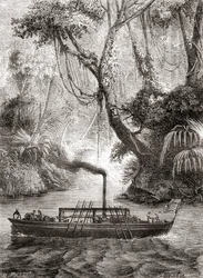 La primera prueba exitosa del barco de vapor Perseverance de John Fitch en el río Delaware, América, 22 de agosto