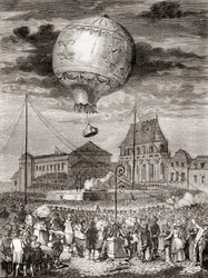 El vuelo del Aerostat Réveillon el 19 de septiembre de 1783 por los hermanos Montgolfier en Versalles, Francia, ante el rey Luis XVI de Francia y la reina María Antonieta, de Les Merveilles de la Science, publicado c.1870 (grabado)