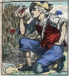 El gigante de Brobdingnag atrapó a Lemuel Gulliver. Ilustración para "Los viajes de Gulliver" de Jonathan Swift (1667-1745). Imagen de Epinal finales del siglo XIX.