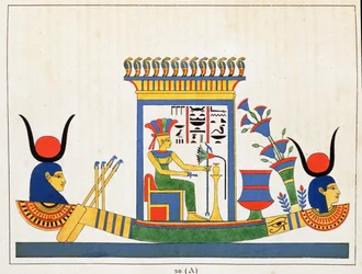 La diosa Anuket, ilustración de Pantheon egyptien: colección de personajes mitológicos del antiguo Egipto, por Jean-Francois Champollion, publicado c.1986