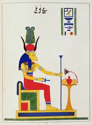 La diosa Hathor, ilustración de Pantheon egyptien: colección de personajes mitológicos del antiguo Egipto, por Jean-Francois Champollion, publicado c.1986