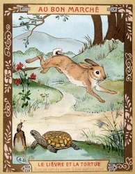 La liebre y la tortuga (Fábula de La Fontaine) - pegatina publicitaria de Bon Marché, finales del siglo XIX