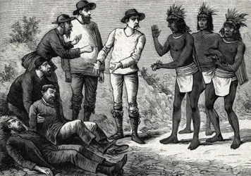 Los habitantes de Perú ayudando a los europeos coloniales que sufren de malaria con Cinchona (grabado) 1888