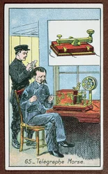 La invención de la telegrafía con código Morse, número 65 en una serie de tarjetas que representan grandes invenciones, c.1910