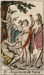 El juicio de Paris, el pastor Paris debe elegir a quién dará la manzana dorada para designar a la más bella de las tres diosas, Atenea, Afrodita o Hera. De 
