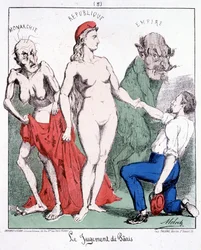 El juicio de París: Monarquía - República - Imperio (un comunero elige la República). Caricatura sobre la Comuna.