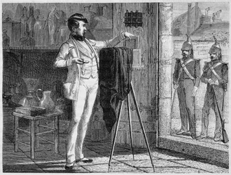 El laboratorio de Niepce de Saint-Victor, en la sala de policía del cuartel de la guardia municipal del faubourg Saint-Martin, en 1848 - en "Las maravillas de la ciencia" de Louis Figuier