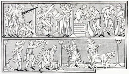 Los trabajos de la guerra, la ciencia, el comercio y la agricultura, después de una miniatura en un salterio del siglo XIII, de Les Arts au Moyen Age, publicado en 1873