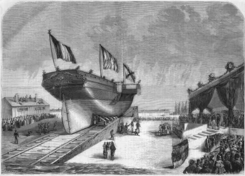 El lanzamiento del transatlántico Quirinal en La Seyne en 1857 (Compagnie des Messageries Maritimes). Grabado de 1857.