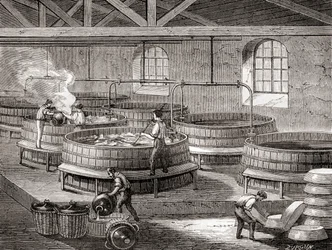 La fabricación de jabón en grandes cubas en el siglo XIX, de "Les Merveilles de la Science", publicado hacia 1870 (grabado).