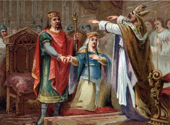 El matrimonio de Clodoveo (481-511) Rey de los Francos con Clotilde en 493. Cromolitografía de finales del siglo XIX