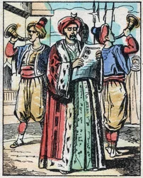 El matrimonio de la hija del Sultán con el hijo del Gran Visir es anunciado por un lector público. Grabado del cuento de Las mil y una noches “Aladino y la lámpara maravillosa”. Imágenes de Epinal, finales del siglo XIX. Colección privada.