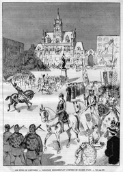 Las fiestas medievales de Compiègne en 1886: cabalgata representando la entrada de Juana de Arco (1412-1431). Grabado en "Le Monde Illustré"