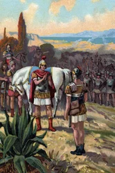 El encuentro entre Julio César (100-44 a.C.) y el rey de Farnacio II de Puente (97-47 a.C.) en la batalla de Zela en el 47 a.C., que hará pronunciar a Julio César la frase Veni vidi vici" (Encuentro entre Julio César y Farnacio II del Reino del Ponto duran