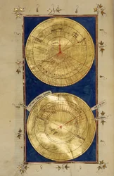 El milagro de Ezequías o el reloj de Ajaz (Achas) El rey enfermo de Judá Ezequías recibe el derecho a un favor de Dios que escucha su juramento de retroceder en el tiempo. Representación de relojes de sol. Miniatura de "Comentarios de la Biblia" de Nichola