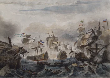La batalla naval de Cabo La Hogue en 1692, grabado por Chavanne