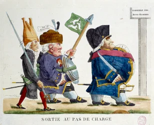 La salida en el paso de carga. Caricatura que muestra a hombres cruzando la barrera de los buenos hombres bajo la Restauración (1823). Grabado de 1823. París, Museo Carnavalet