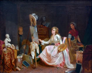El estudio del pintor. Mujer joven pintando un cuadro