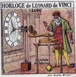 El reloj pendular de Leonardo da Vinci (Leonardo da Vinci) (1452 - 1519) (péndulo en 1490) - en “Energía” de Henri Arnould, ed. Quillet, París, siglo XX